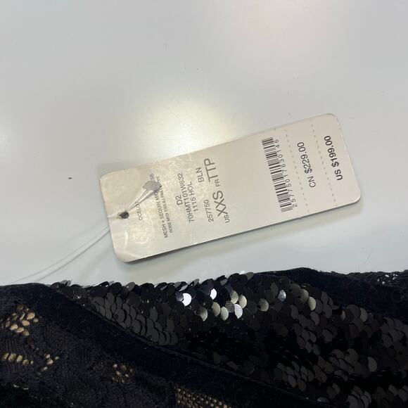 NWT Bebe XXS Bodycon Mini Dress Black Velvet Mesh Nude Sequin Lace Sleeveless - Picture 10 of 15